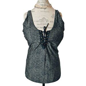 Island Waves Womens Swim 22W Tankini Blk/Gray Zebra Lace-Up Adjust Straps